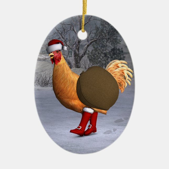 Orange Rooster Santa Claus Ceramic Ornament (Front)