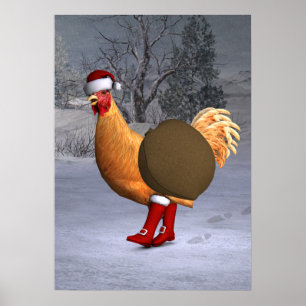 Orange Rooster Santa Claus Poster