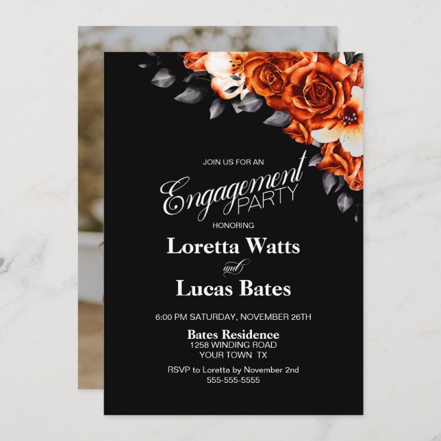 Orange Rose Floral Black Engagement Party Photo Invitation (Front/Back)
