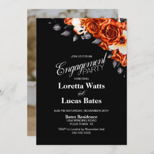 Orange Rose Floral Black Engagement Party Photo Invitation