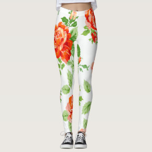 Orange rose floral print leggings
