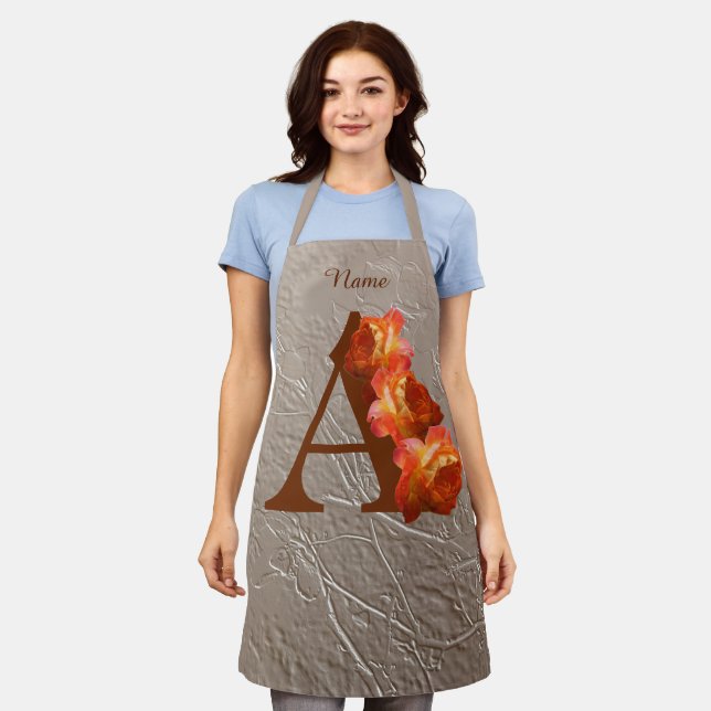 Orange Rose Monogram Initial A Personalized Apron (Worn)