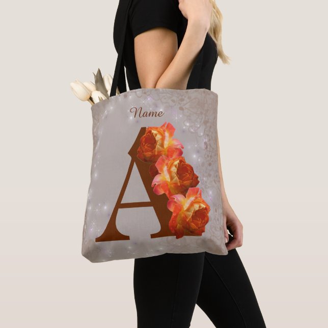 Orange Rose Monogram Initial A Personalized Tote Bag (Close Up)