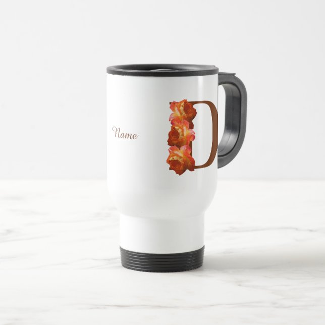Orange Rose Monogram Initial D Personalized Travel Mug (Front Right)