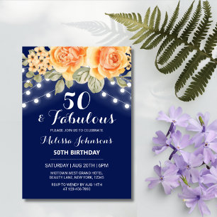 Orange Rose String Lights Navy Birthday Invitation