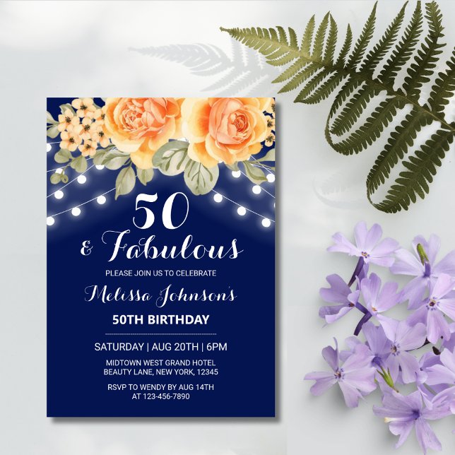Orange Rose String Lights Navy Birthday Invitation (Creator Uploaded)