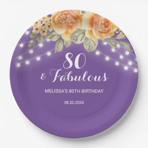 Orange Rose String Lights Purple Birthday Paper Plate
