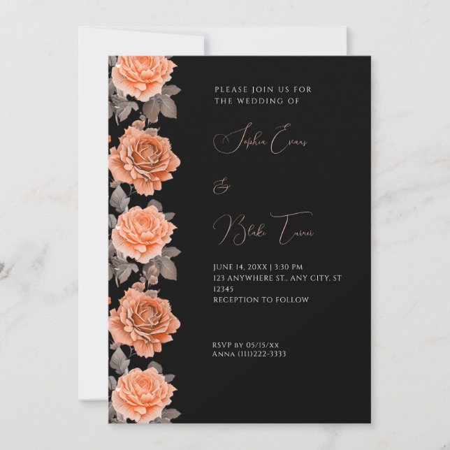 Orange Roses Modern Fall Black Wedding Invitation (Front)