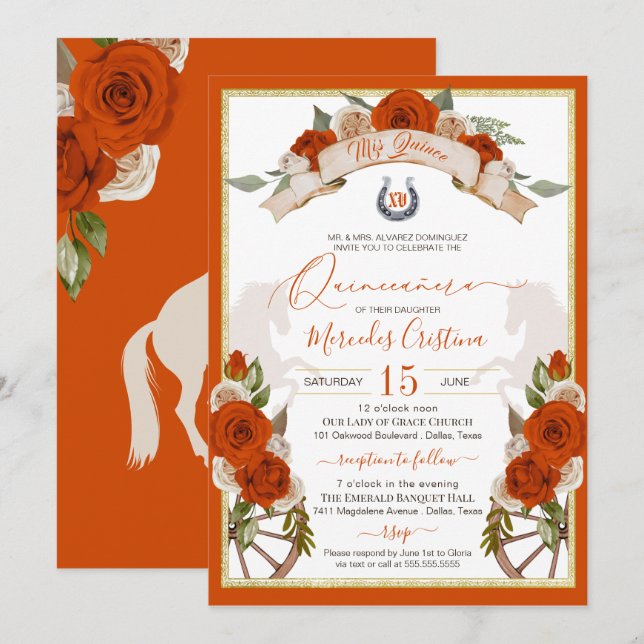 Orange Roses Quinceanera Western Charro Invitation (Front/Back)
