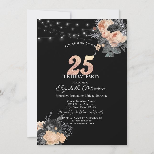 Orange Roses String Lights Black 25th Birthday Invitation (Front)