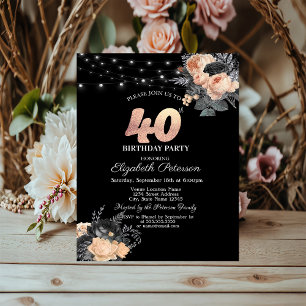 Orange Roses String Lights Black 40th Birthday Invitation
