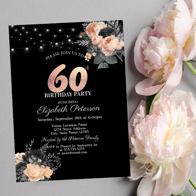 Orange Roses String Lights Black 60th Birthday Invitation (Creator Uploaded)