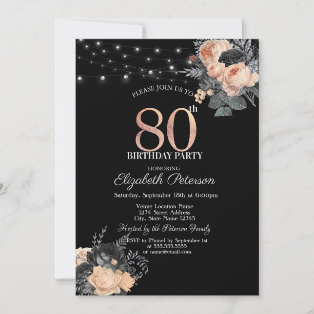Orange Roses String Lights Black 80th Birthday Invitation (Front)
