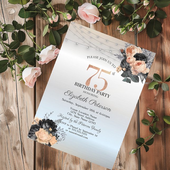 Orange Roses String Lights Silver 75th Birthday Invitation (Creator Uploaded)