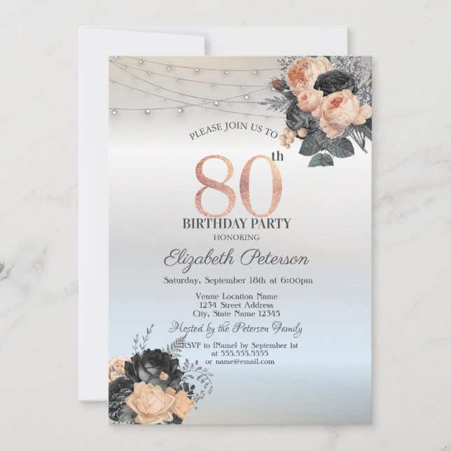 Orange Roses String Lights Silver 80th Birthday Invitation (Front)