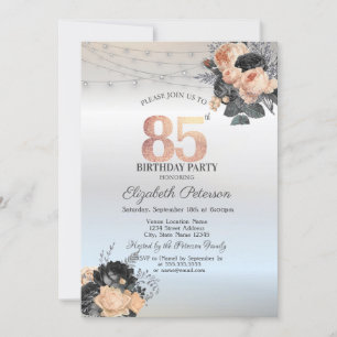 Orange Roses String Lights Silver 85th Birthday Invitation