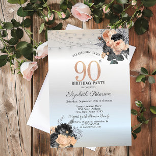 Orange Roses String Lights Silver 90th Birthday Invitation