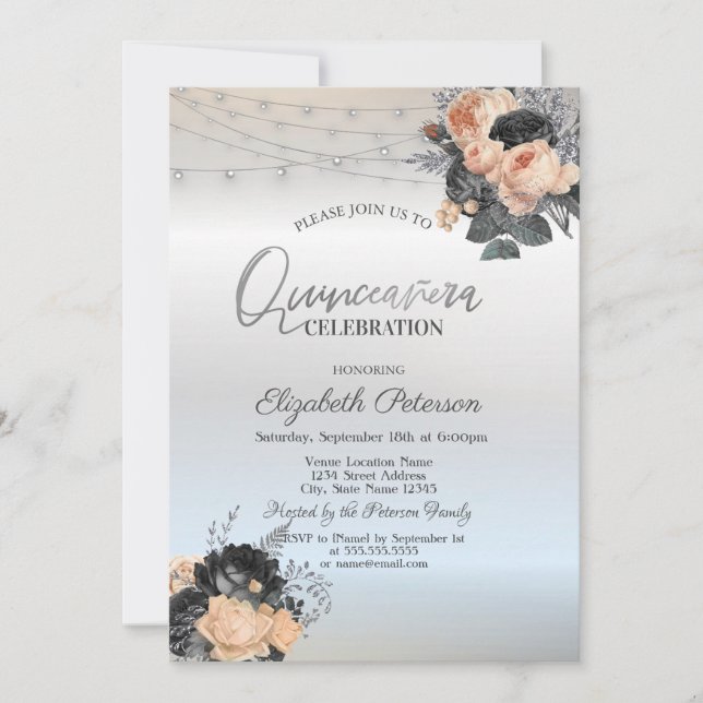Orange Roses String Lights Silver Quinceanera Invitation (Front)