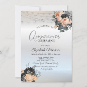 Orange Roses String Lights Silver Quinceanera Invitation