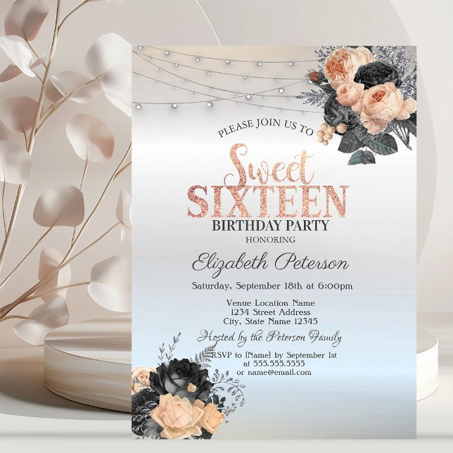 Orange Roses String Lights Silver Sweet 16 Invitation (Creator Uploaded)
