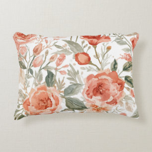 Orange Roses Watercolor Botanical Coral Floral Accent Pillow