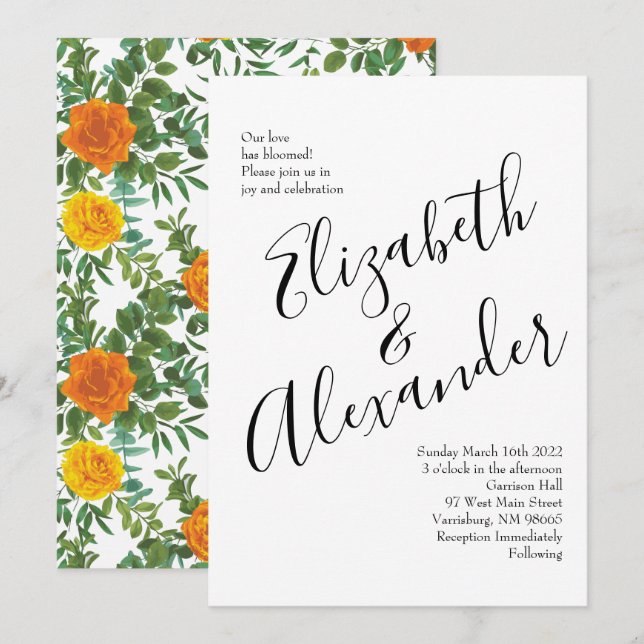 Orange Roses Wedding Floral Modern Invitation (Front/Back)