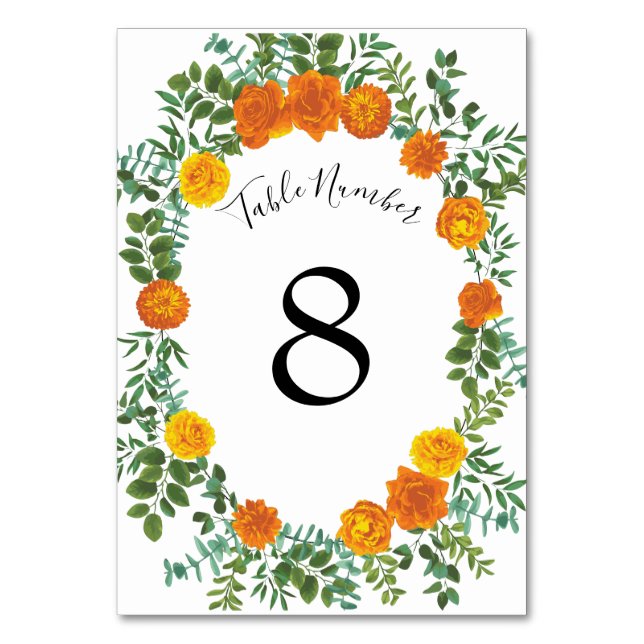 Orange Roses Wedding Floral Modern Table Number (Back)