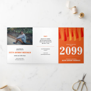 Orange Row of Tassels 3-Photo Graduation Tri-Fold Invitation