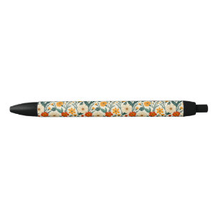 Orange Russet and Cream Floral Black Ink Pen