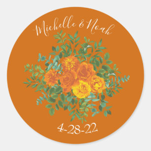 Orange & Rust Fall Peony & Rose Floral Wedding Classic Round Sticker