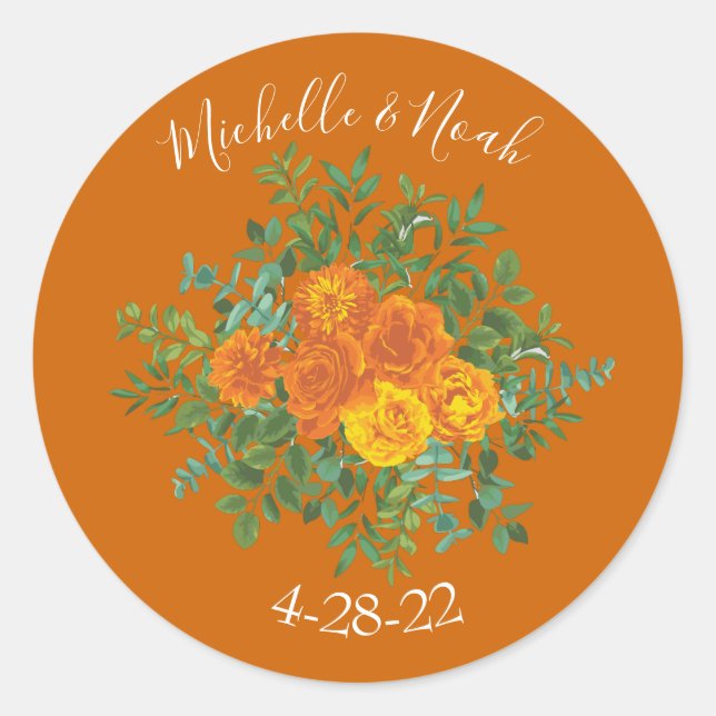 Orange & Rust Fall Peony & Rose Floral Wedding Classic Round Sticker (Front)