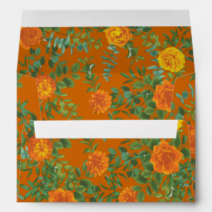 Orange & Rust Fall Peony & Rose Floral Wedding Envelope