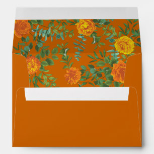 Orange & Rust Fall Peony & Rose Floral Wedding Envelope