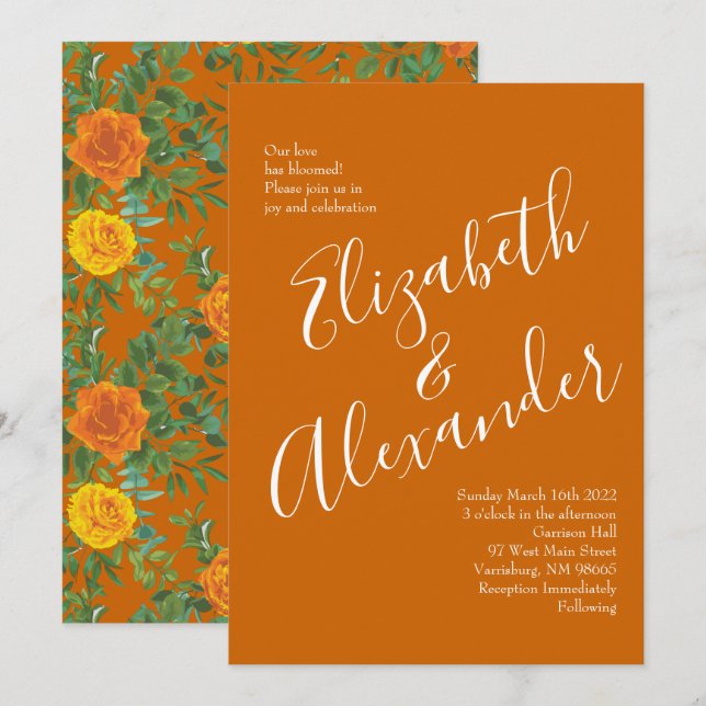 Orange & Rust Fall Peony & Rose Floral Wedding Invitation (Front/Back)