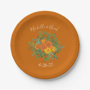 Orange & Rust Fall Peony & Rose Floral Wedding Paper Plate