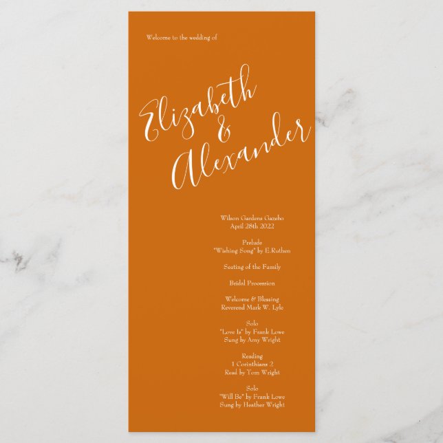 Orange Rust Fall Peony & Rose Wedding Programs (Front)