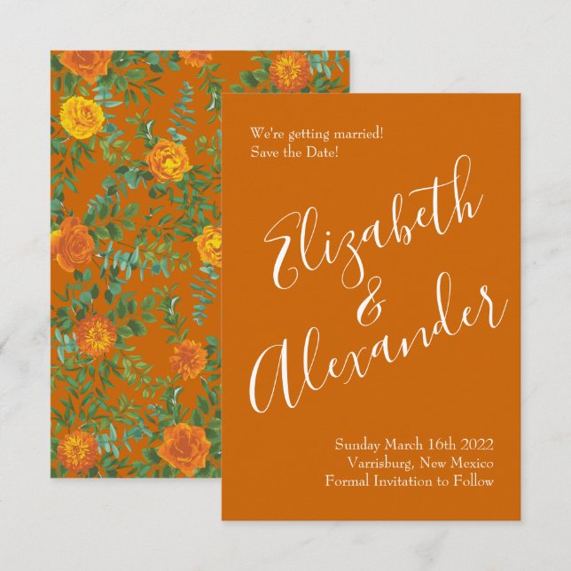 Orange & Rust Fall Peony Rose Wedding Save Date Invitation (Front/Back)