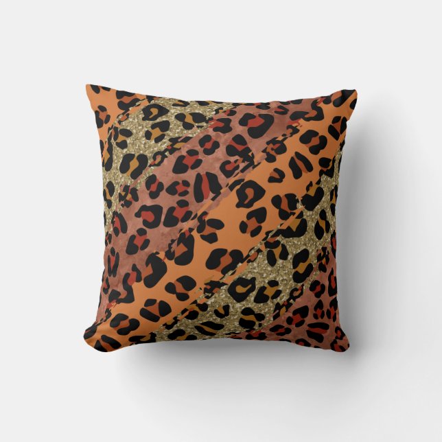 *~* Orange Rust Glitter Leopard Animal Pattern Throw Pillow (Front)