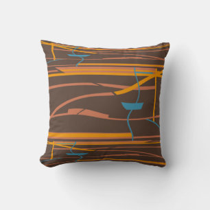 Orange Rust Turquoise Lines on Brown Abstract Art Throw Pillow