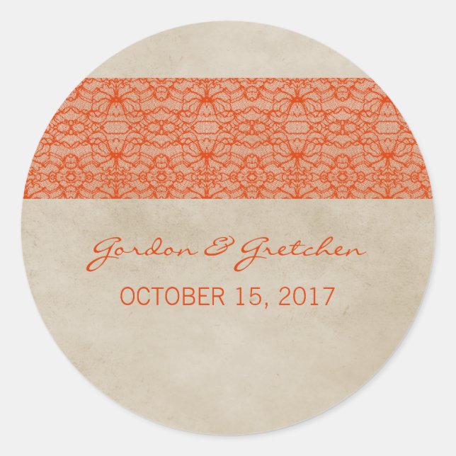 Orange Rustic Lace Wedding Stickers (Front)
