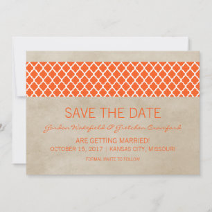 Orange Rustic Quatrefoil Save the Date Invite