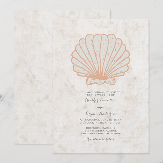 Orange Rustic Seashell Mariage Invitation (Devant / Derrière)