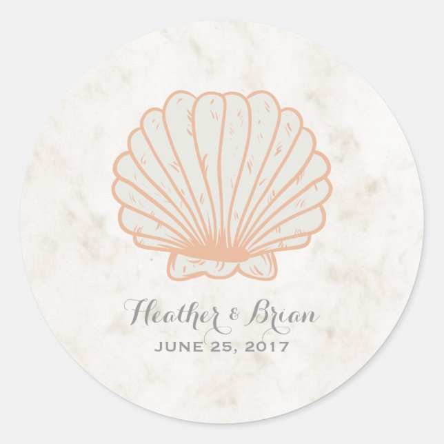 Orange Rustic Seashell Wedding Classic Round Sticker (Front)