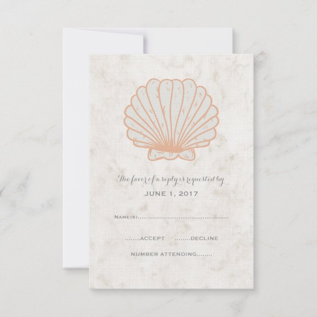 Orange Rustic Seashell Wedding RSVP Card (Front)
