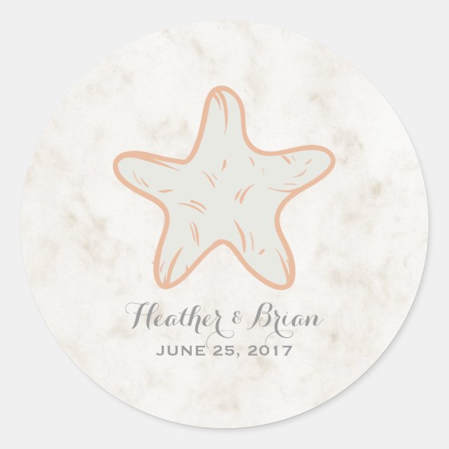 Orange Rustic Starfish Wedding Classic Round Sticker (Front)