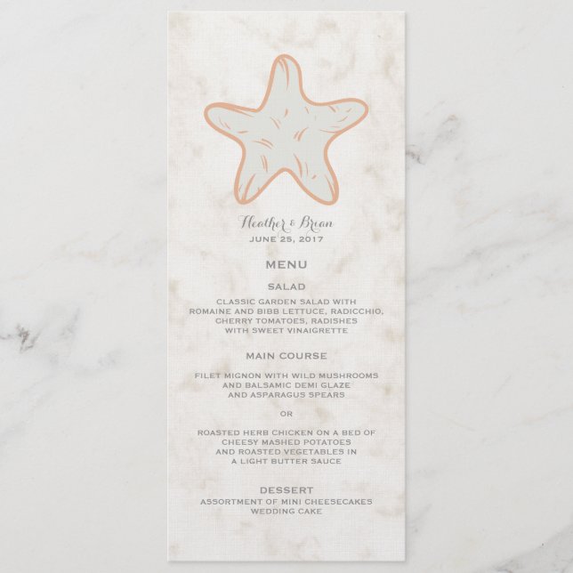 Orange Rustic Starfish Wedding Menu (Front)
