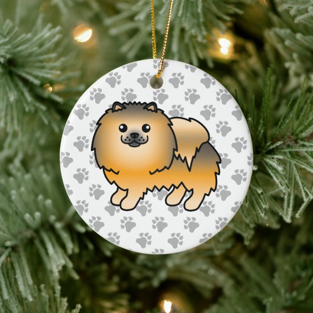 Orange Sable Pomeranian Cute Cartoon Dog & Paws Ceramic Ornament (Tree)