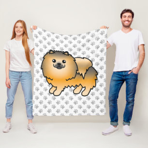 Orange Sable Pomeranian Cute Cartoon Dog & Paws Fleece Blanket