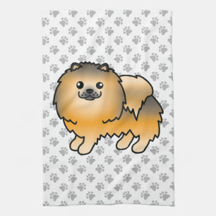 Orange Sable Pomeranian Cute Cartoon Dog & Paws Kitchen Towel