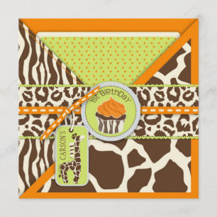 Orange Safari Giraffe & Cupcake First Birthday Invitation
